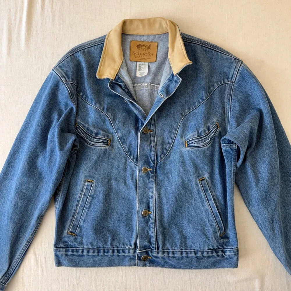 Vintage Schaefer Outfitter Denim Jacket M Leather Collar Western USA Ranch